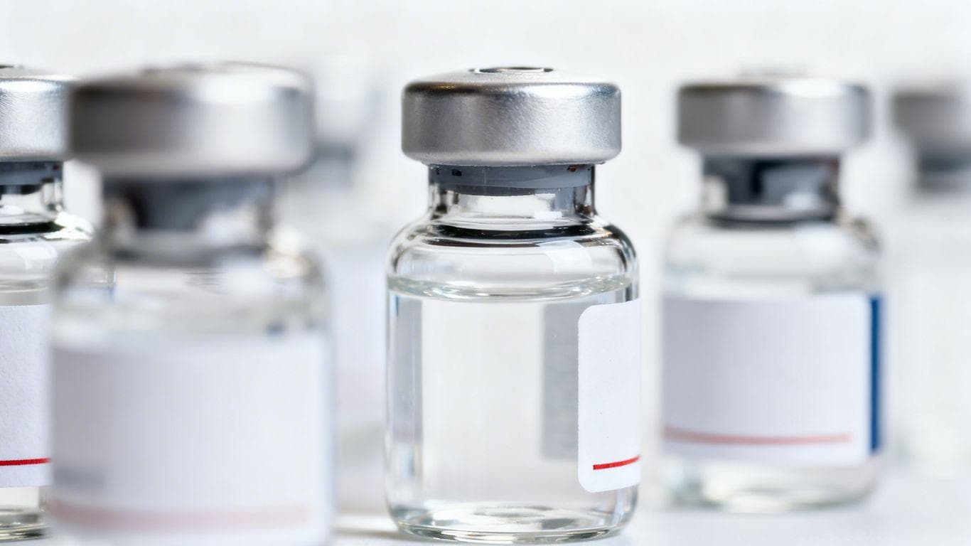 Close-up of peptide vials with clear liquid.