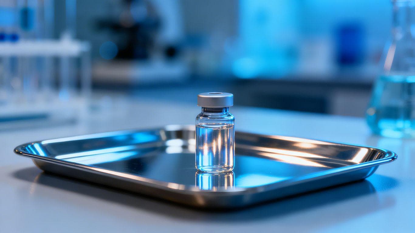 Vial of medication on medical tray with lab background