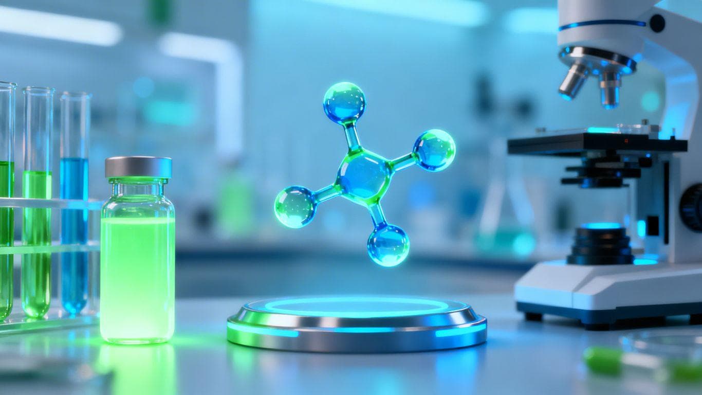 Futuristic lab with glowing molecules for weight loss drug discovery.