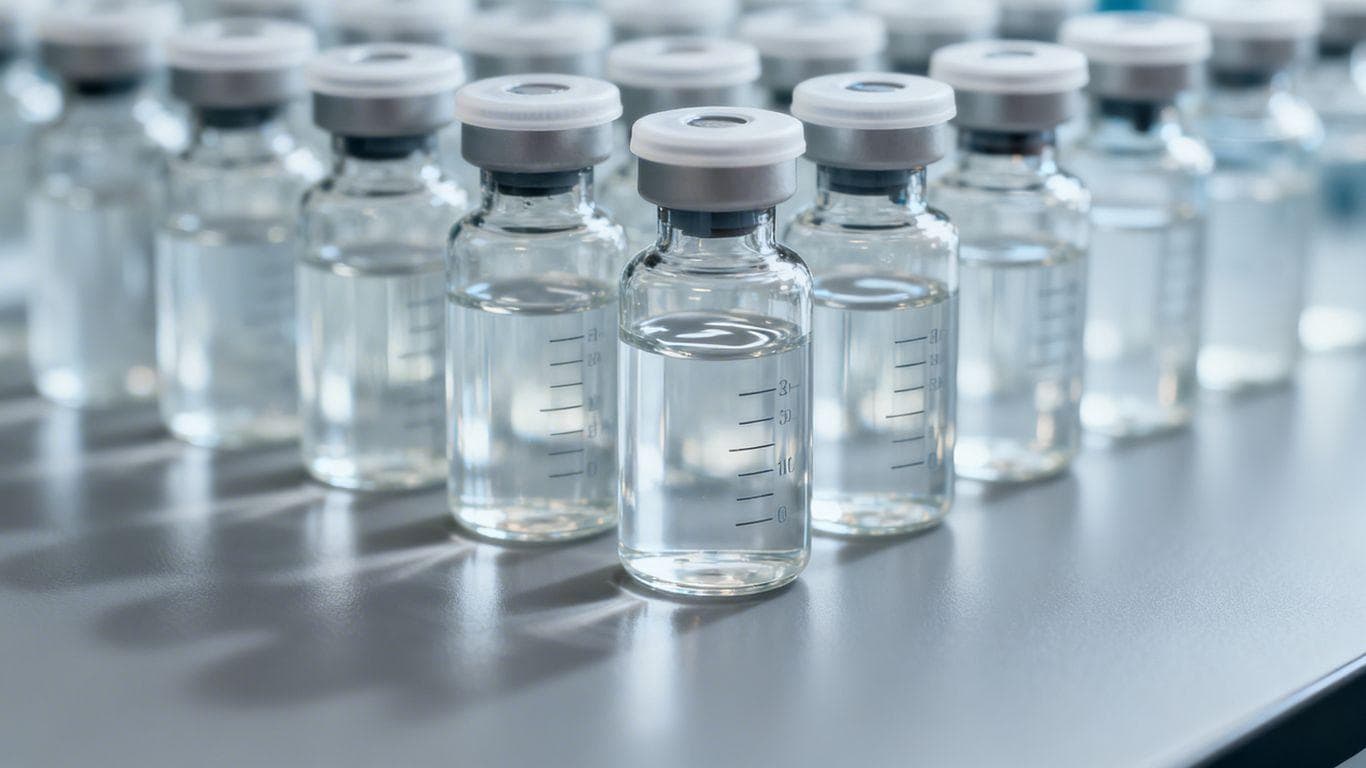Vials of clear liquid, likely peptides, in a research setting.