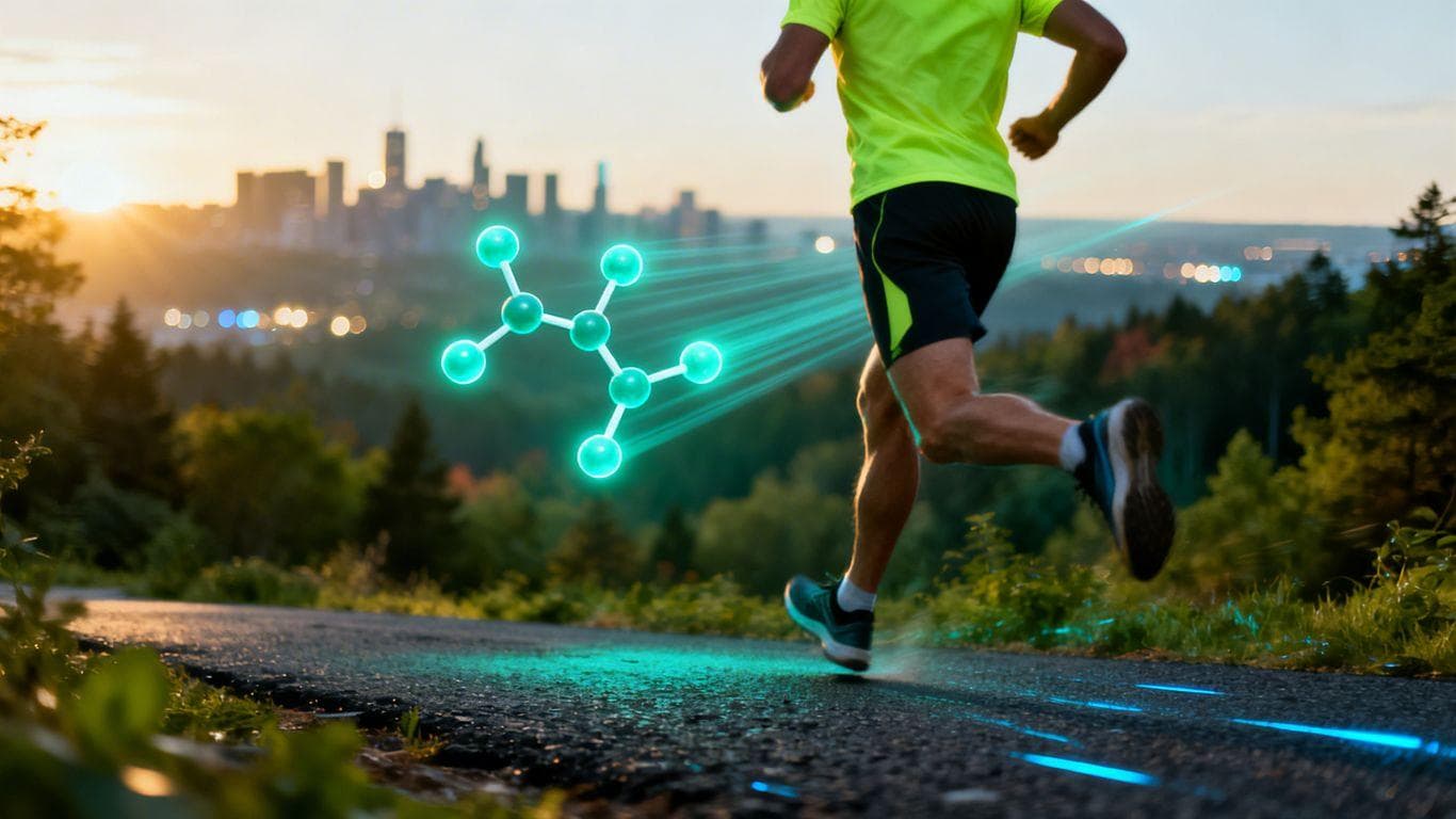 Person running, Retatrutide molecule, cityscape to nature transition.