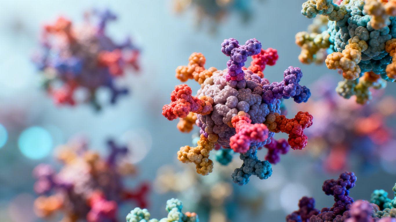 Intricate peptide molecules in a colorful, detailed photographic display.