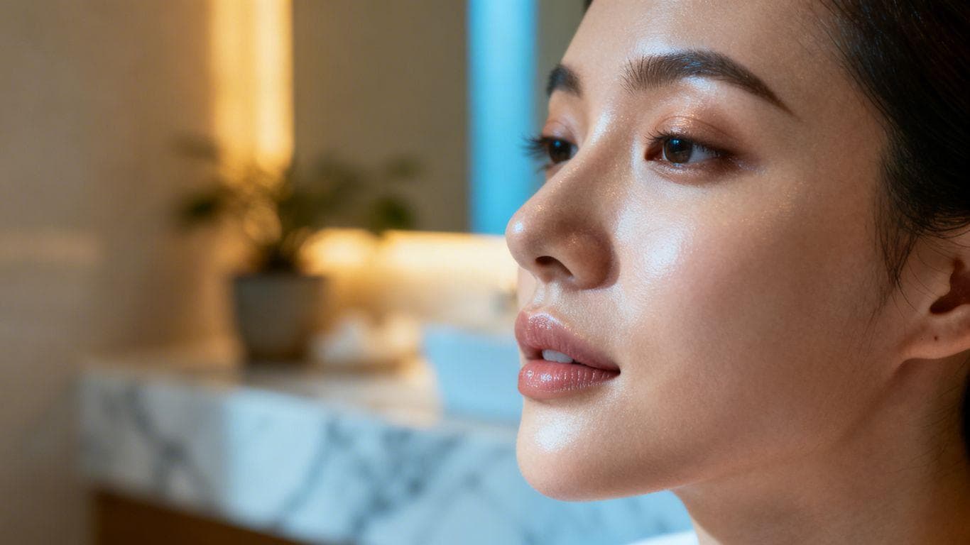 Woman with glowing skin after peptide facial treatment.