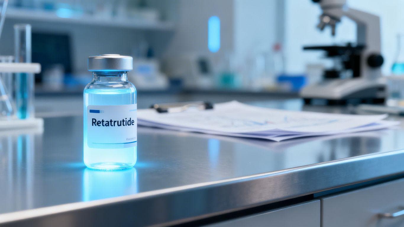 Retatrutide drug vial in a modern lab setting.