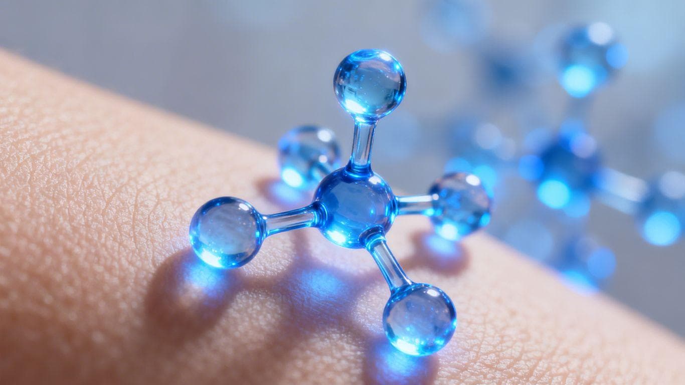 GHK-Cu peptide molecule glowing, skin texture background.