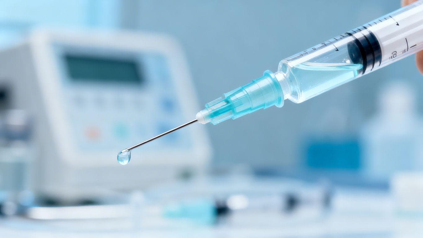 Syringe with blue liquid, medical background