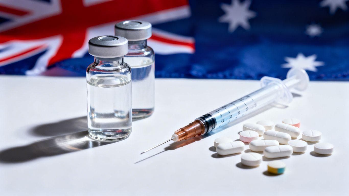 Unmarked vials, syringes, pills, Australian flag background