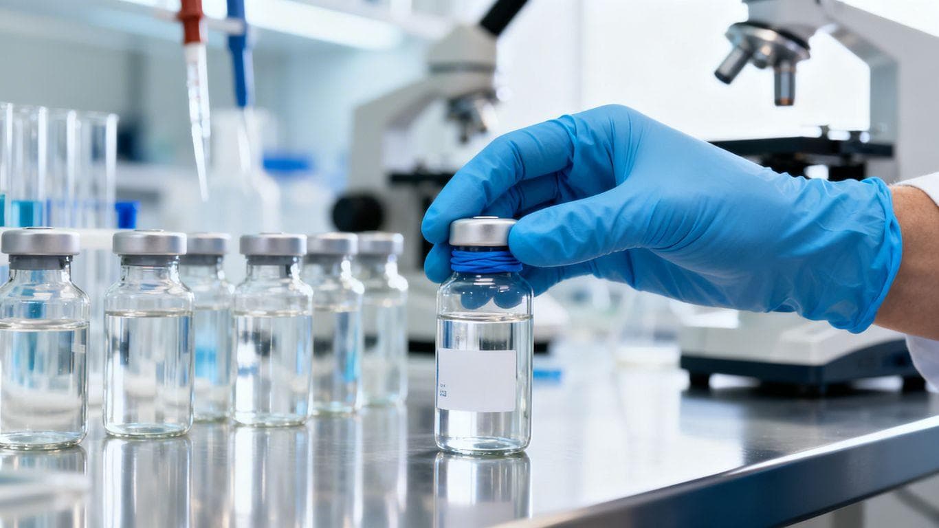 Laboratory vials with clear liquid and a gloved hand.