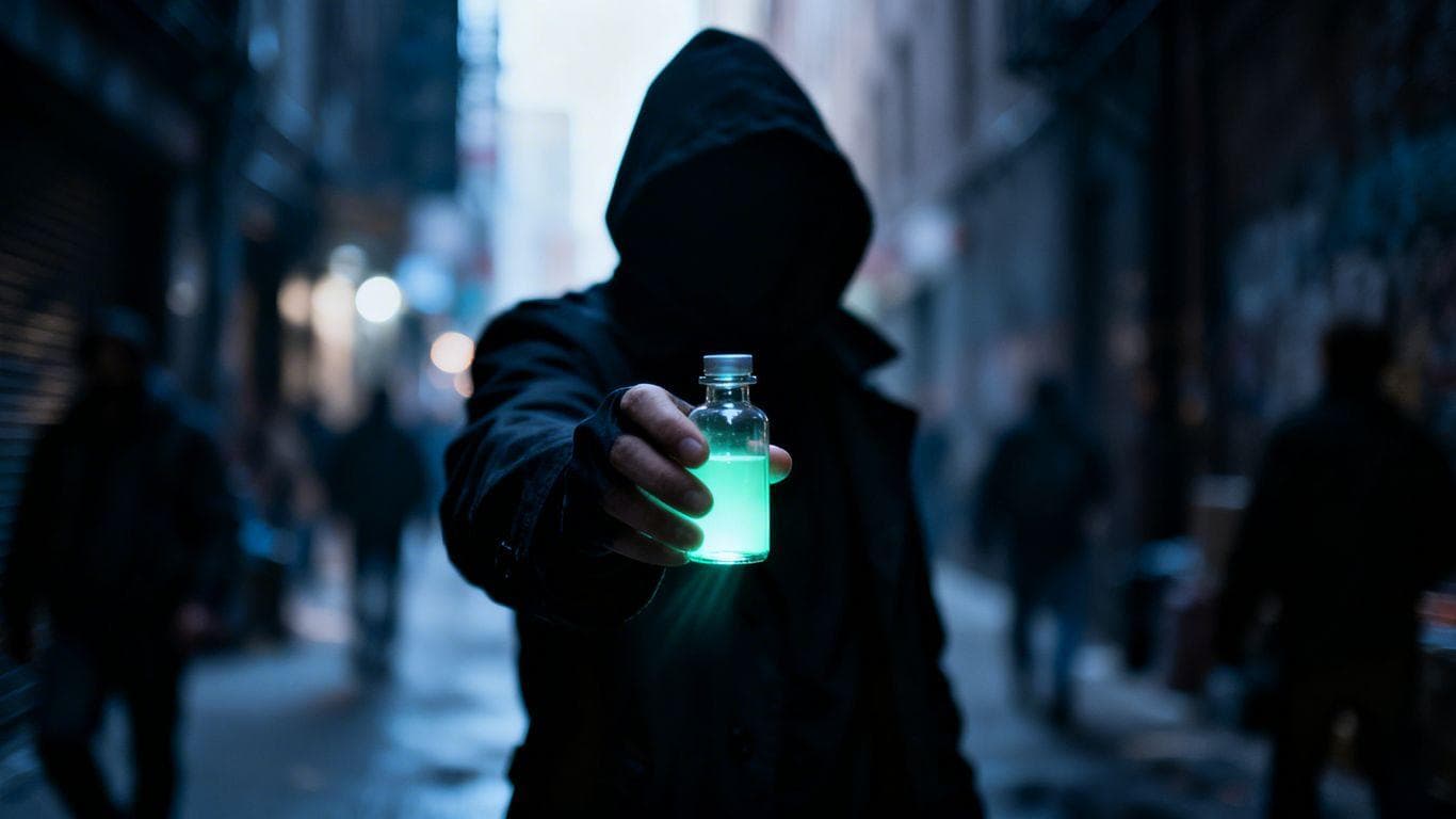 Vial of unapproved weight-loss drug in a dark alley.