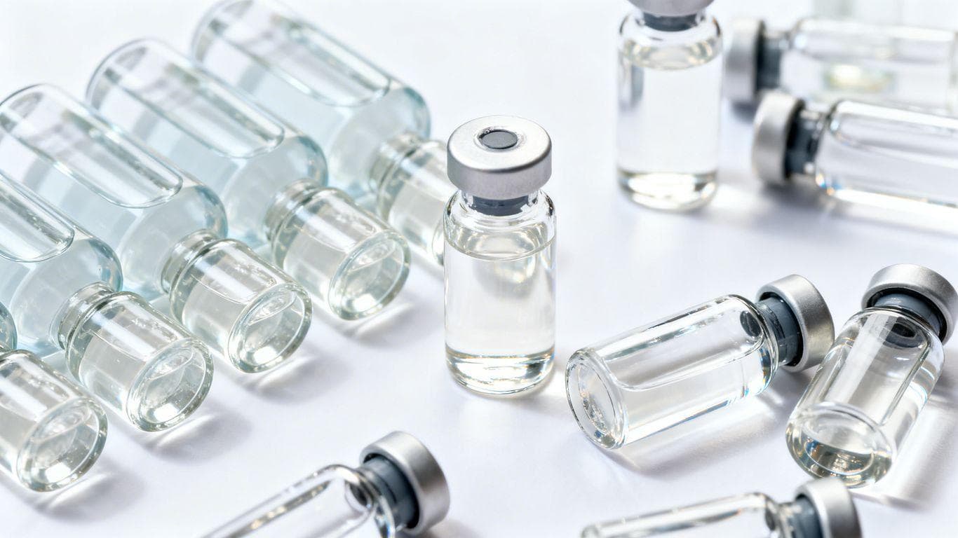 Peptide vials with clear liquid, suggesting a review.