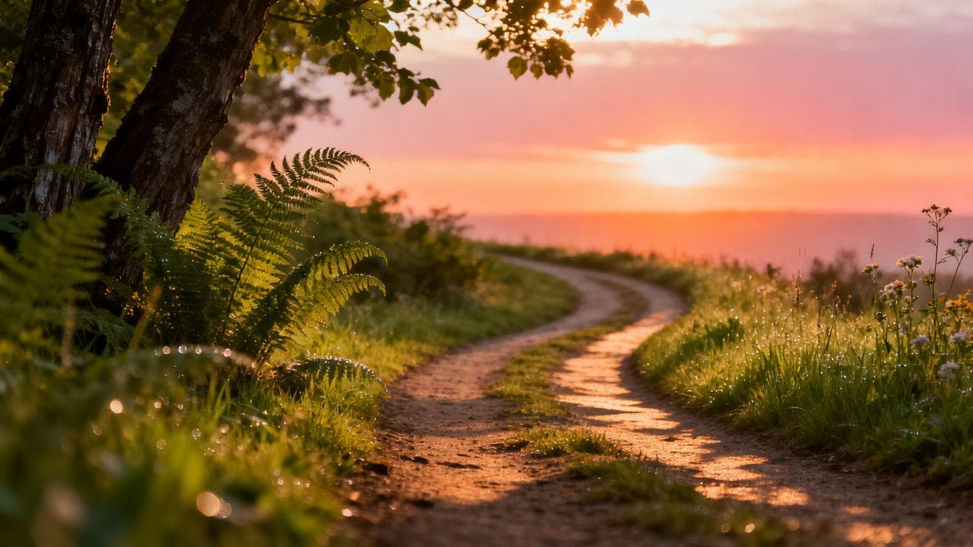 Winding path towards a bright horizon, symbolizing future discovery.