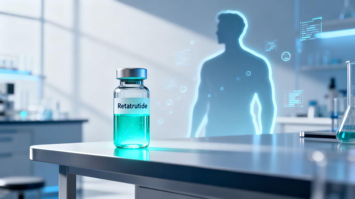 Retatrutide drug vial and transformation silhouette.