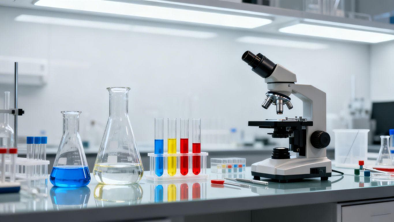 Lab bench with beakers, test tubes, microscope, and chemicals.
