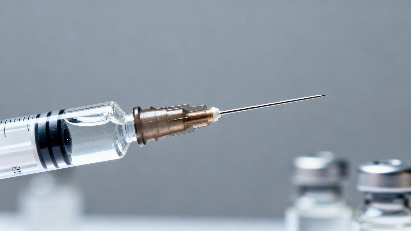 Peptide syringe with clear liquid, ready for injection.