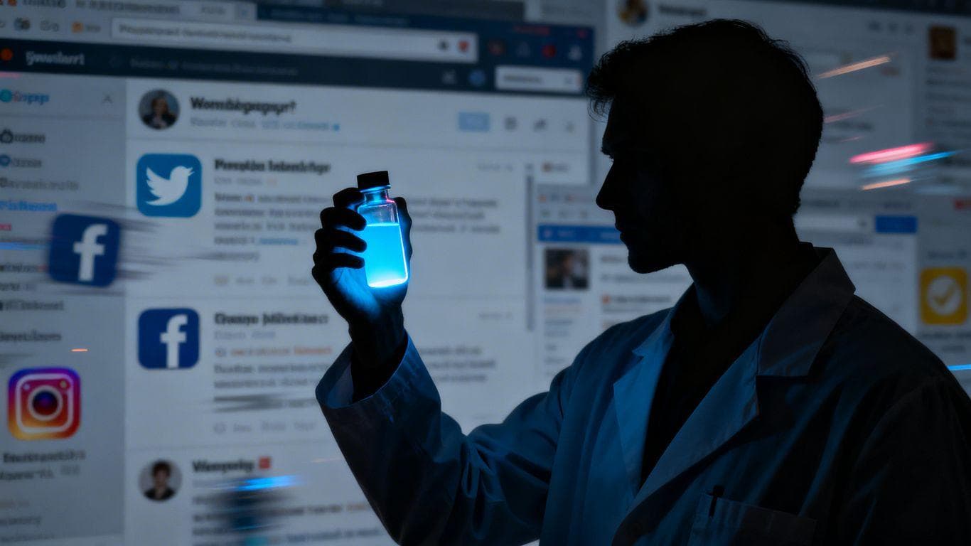 Vial of glowing blue drug with online forum background.