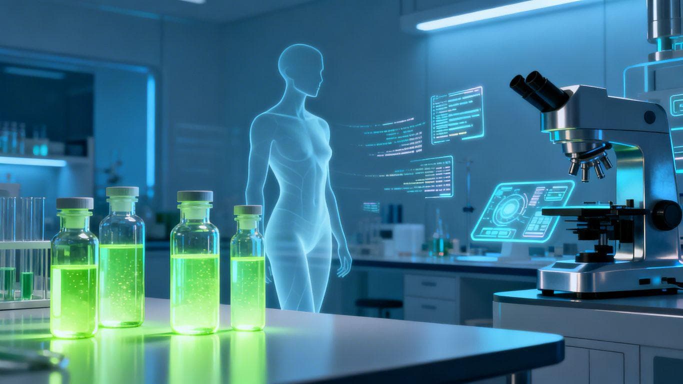 Futuristic lab with glowing vials and a slim silhouette.