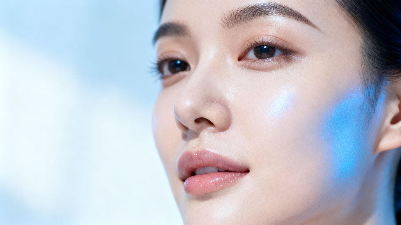 Smooth, radiant skin with subtle blue glow.