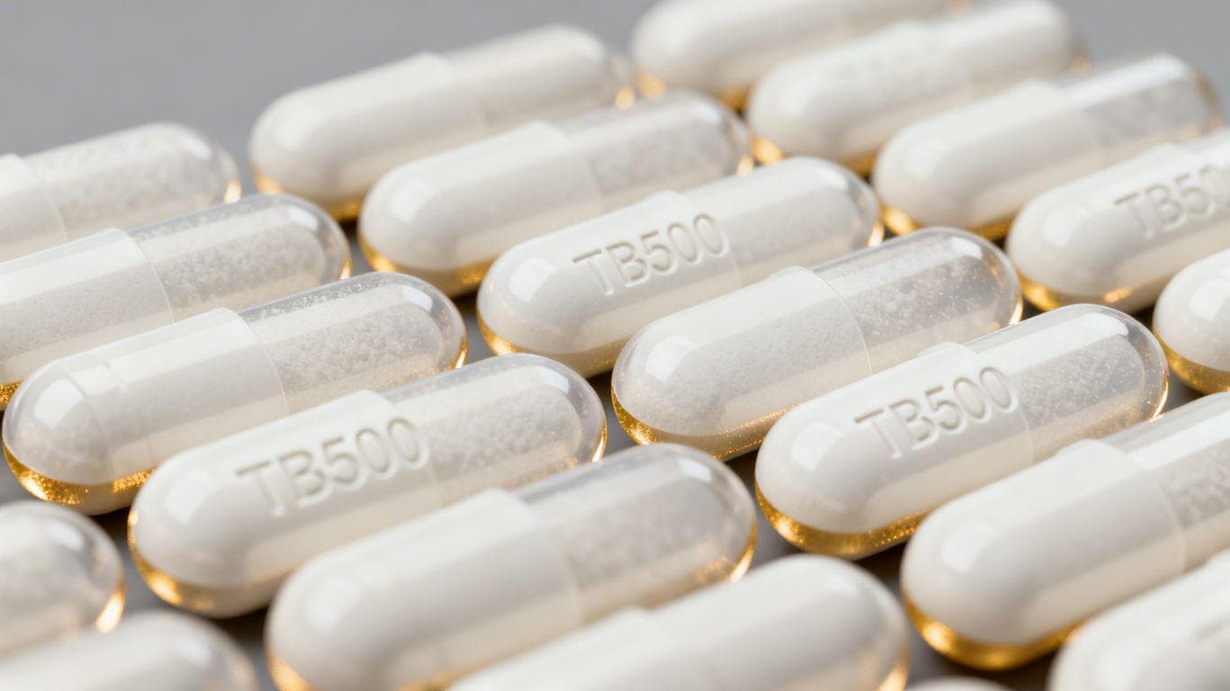 TB500 capsules in a clean, photographic arrangement.