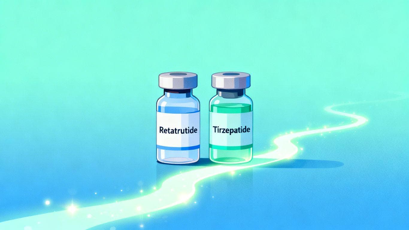 Retatrutide and Tirzepatide vials with a health pathway.