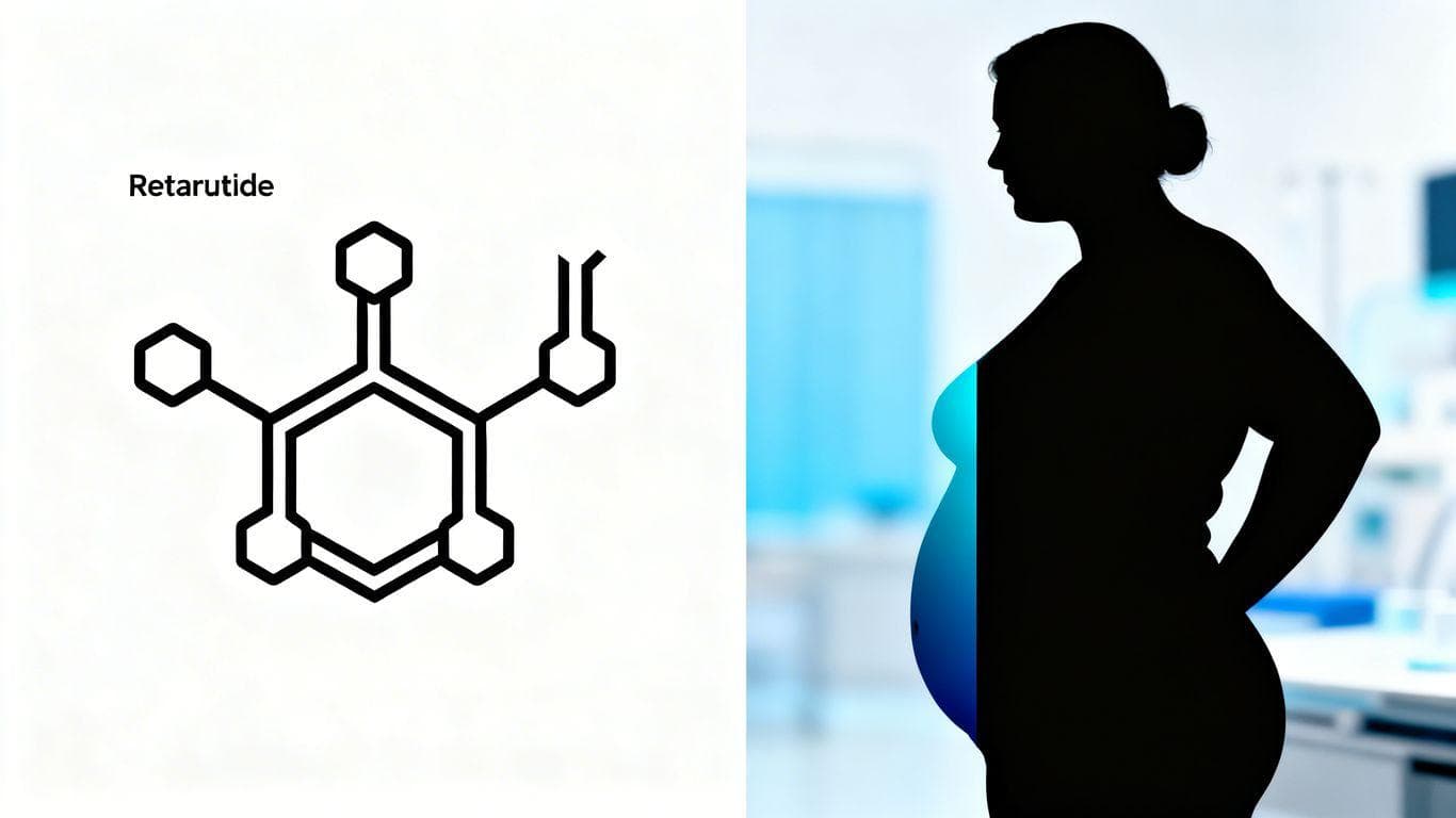 Retatrutide molecule and weight loss silhouette.