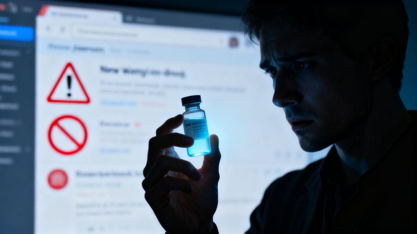 Unapproved drug vial with warning symbols online.