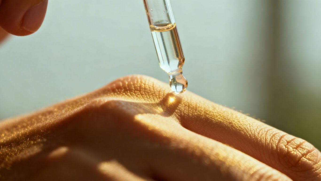 Person holding a vial with clear liquid.