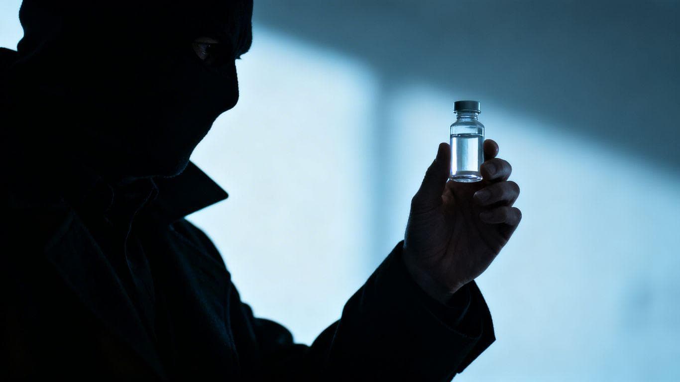 Unapproved weight-loss drug vial in a shadowy, illicit setting.