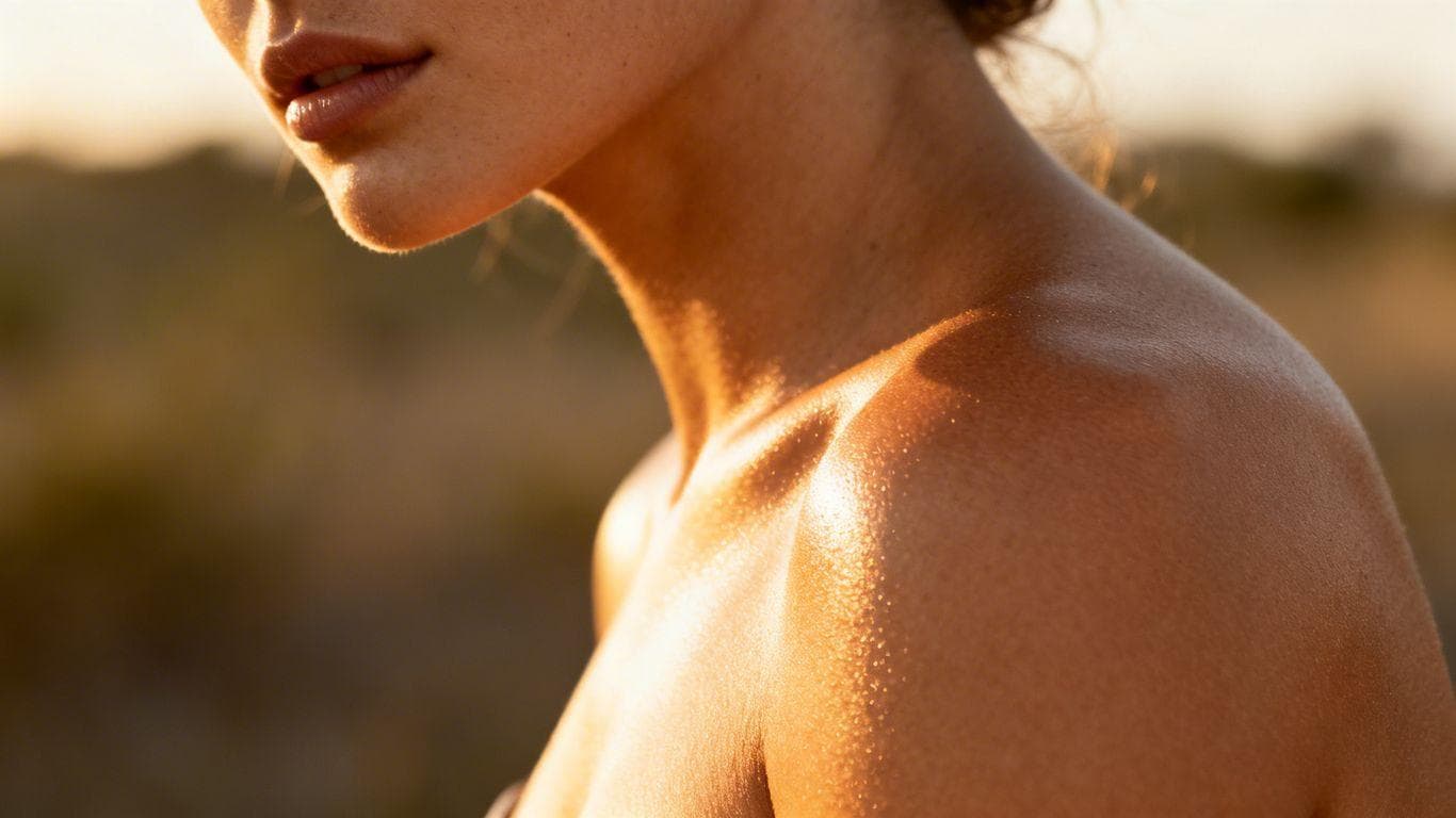 Close-up of tanned skin with a healthy glow.