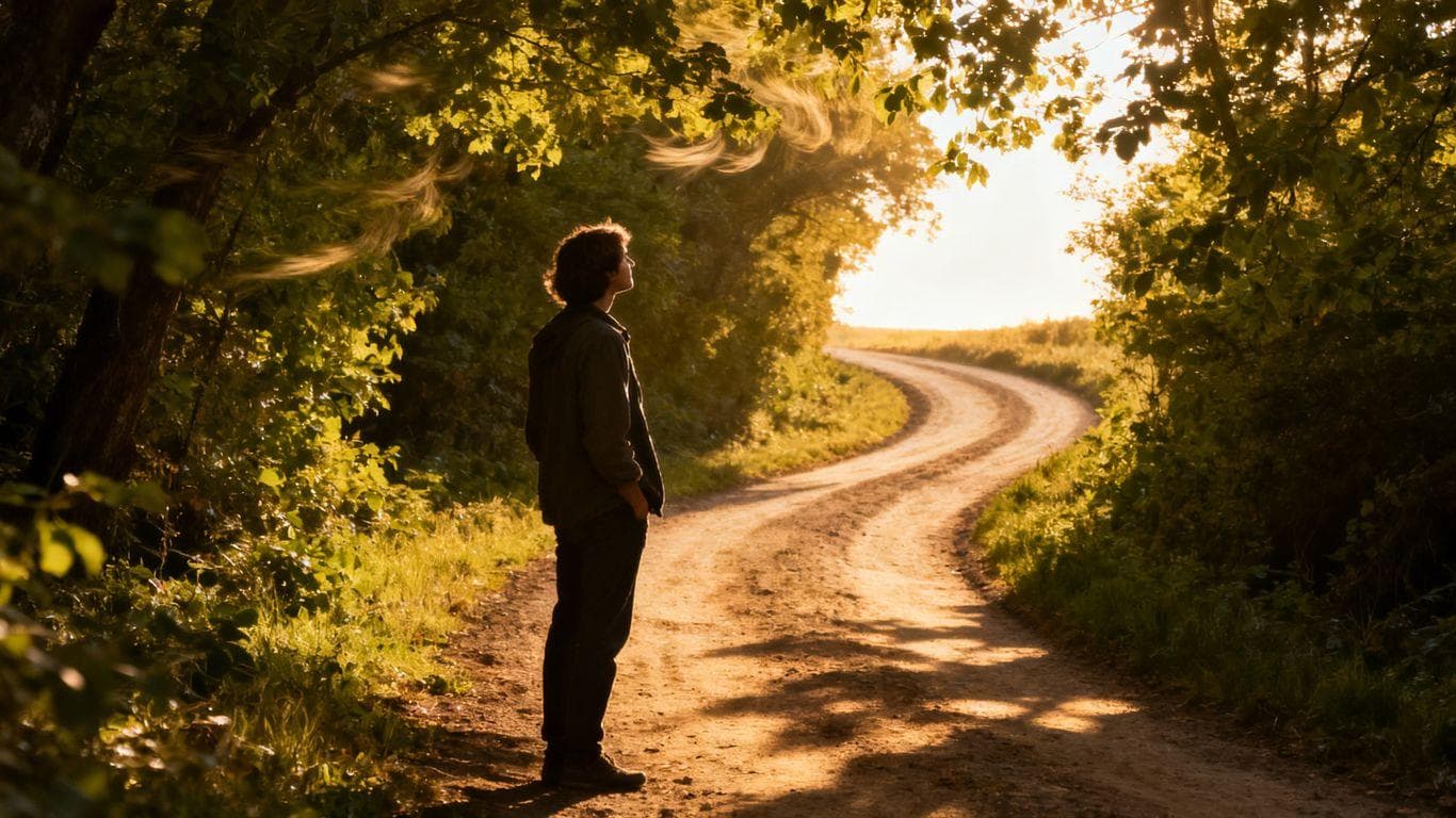 Person on a path towards a bright horizon.