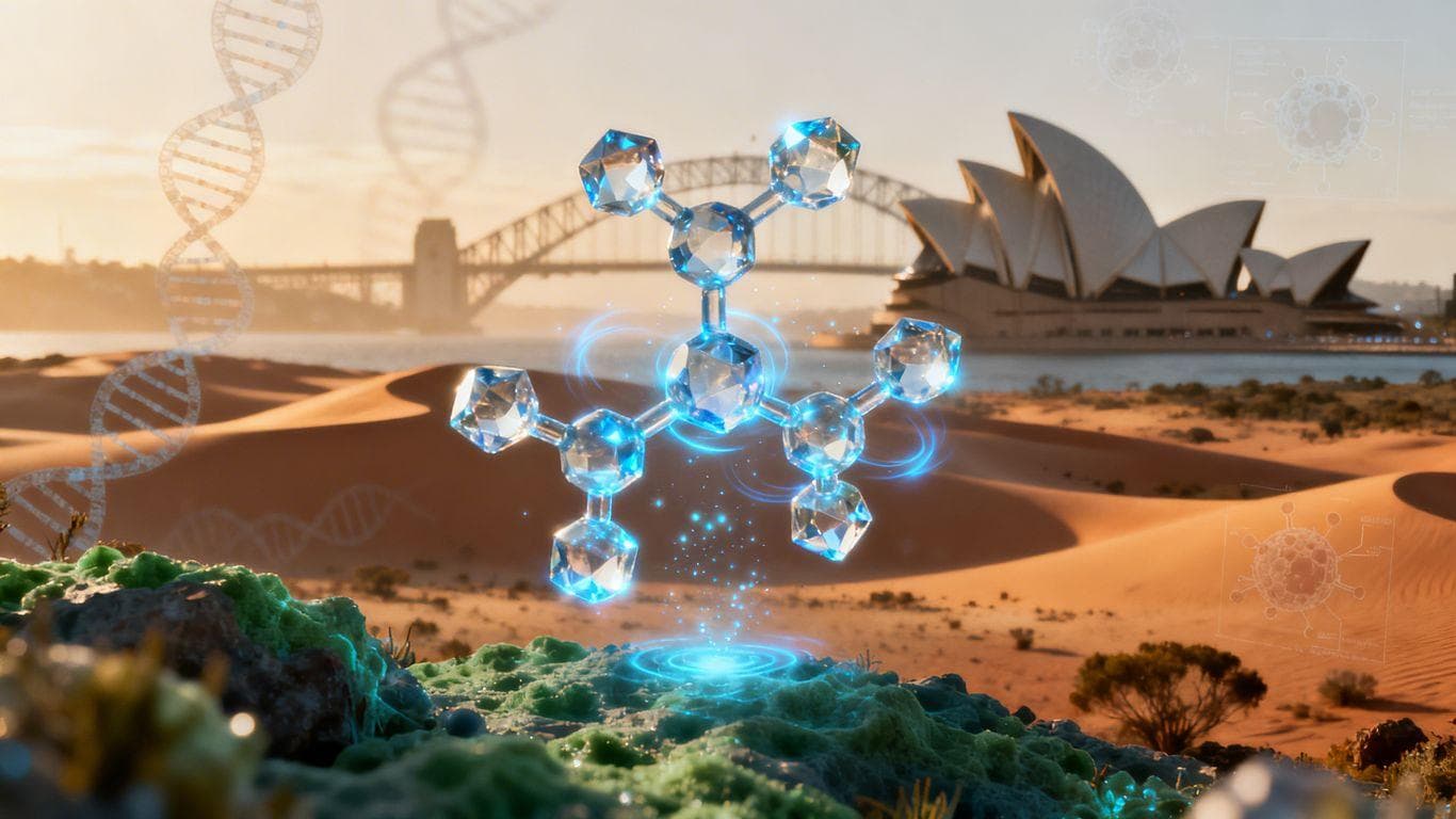 Human Growth Hormone molecules and Australian landscape.