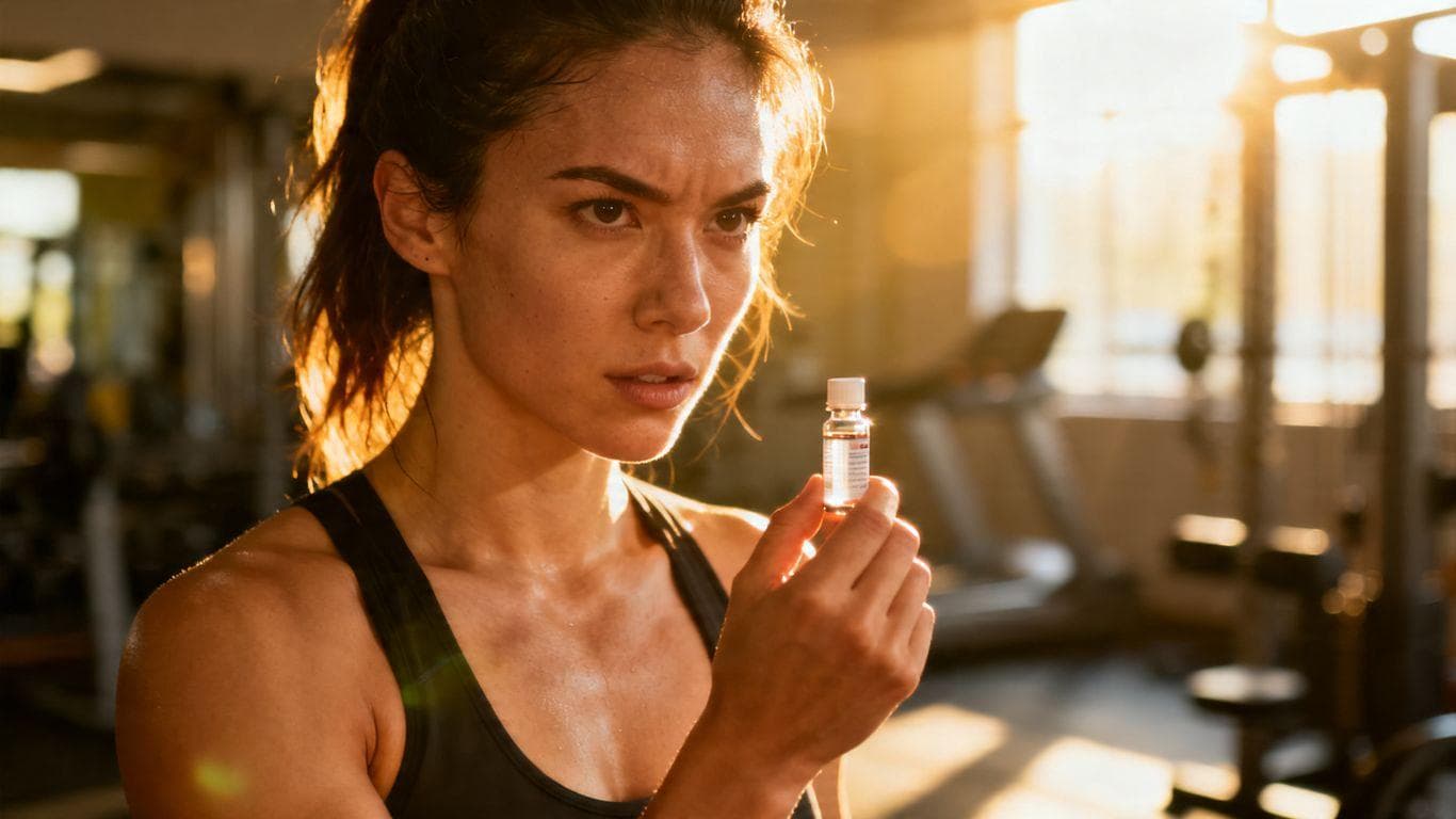 Woman with vial, healthy and athletic, gym background.