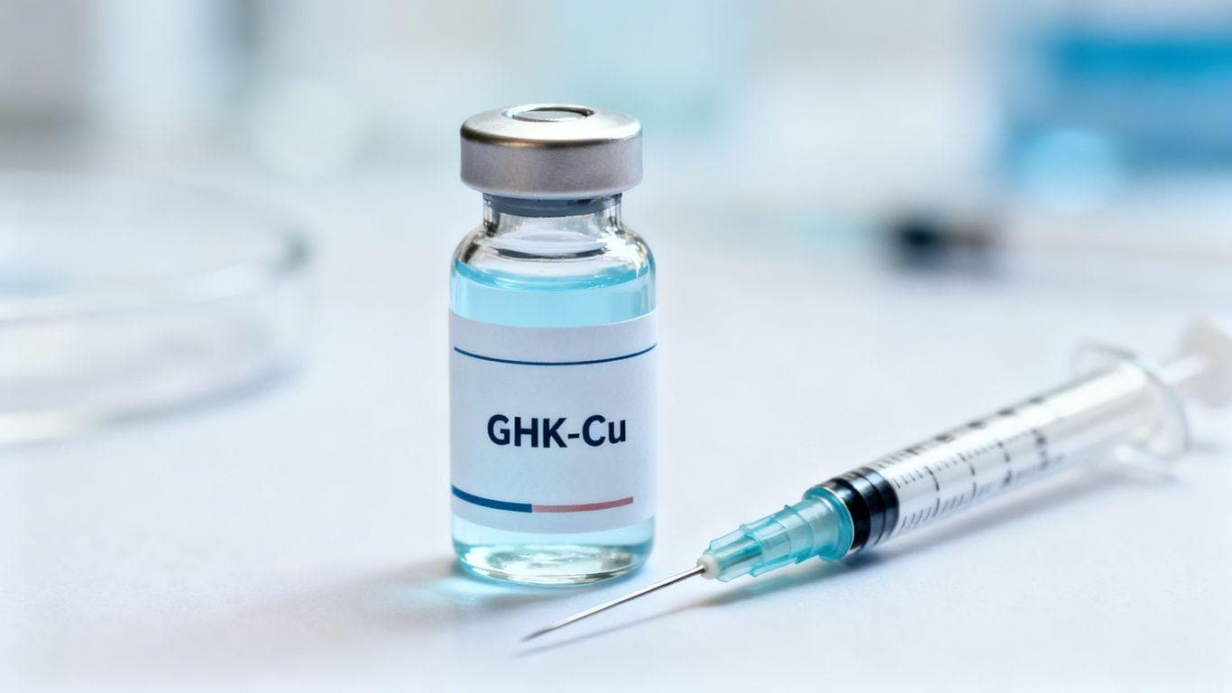 Vial and syringe for GHK-Cu peptide injection.