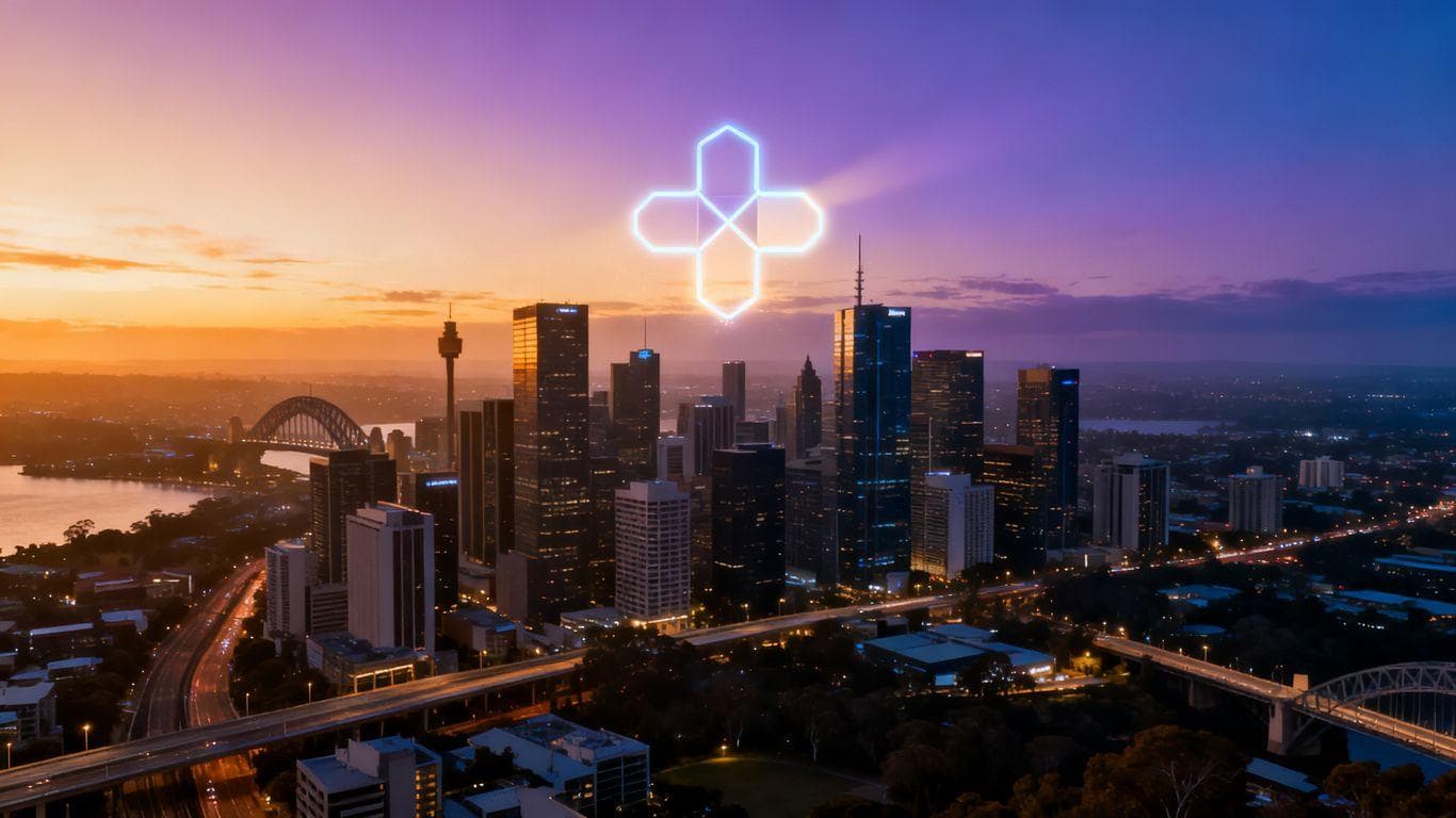 Australian cityscape with a glowing medical symbol at dusk.