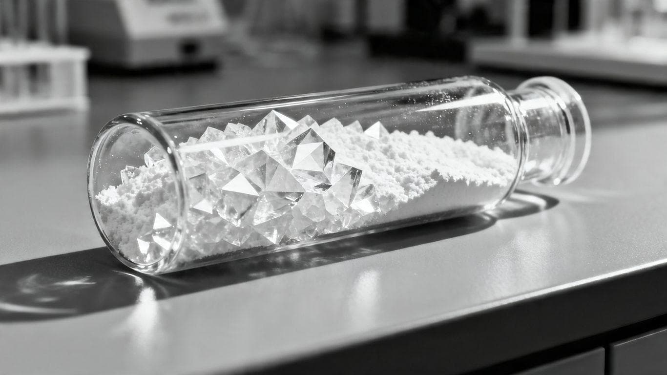 Laboratory vials with white powder for research.