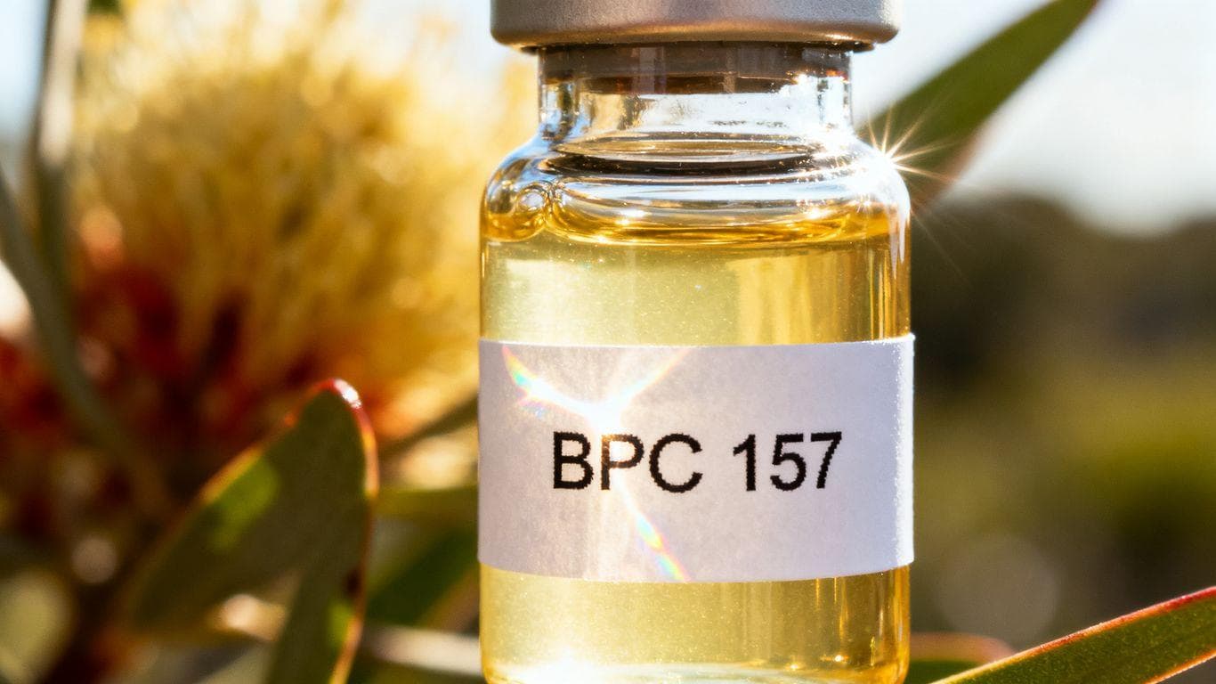 BPC 157 peptide vial with Australian flora background.
