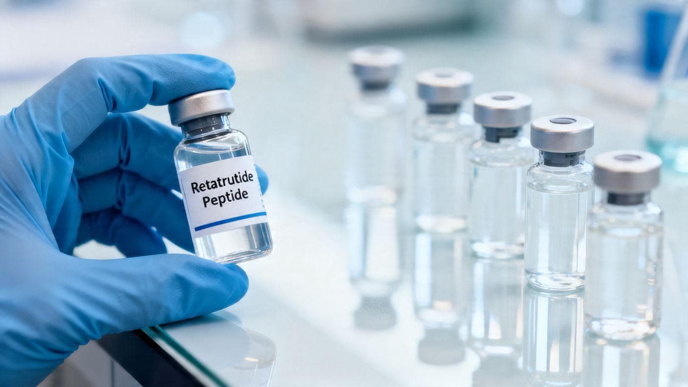 Retatrutide peptide vial in a sterile lab.