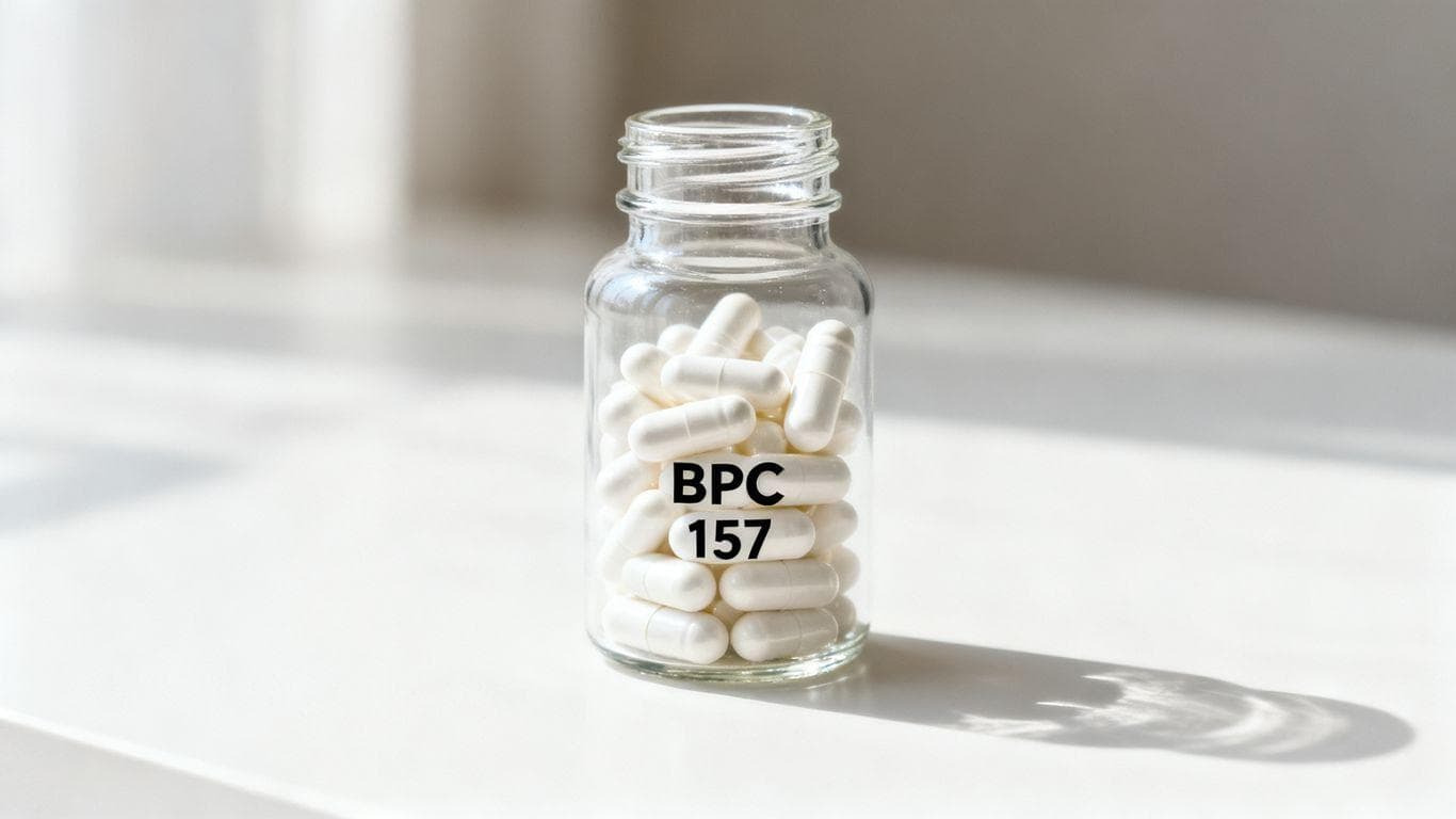 Bottle of BPC 157 capsules on a white surface.