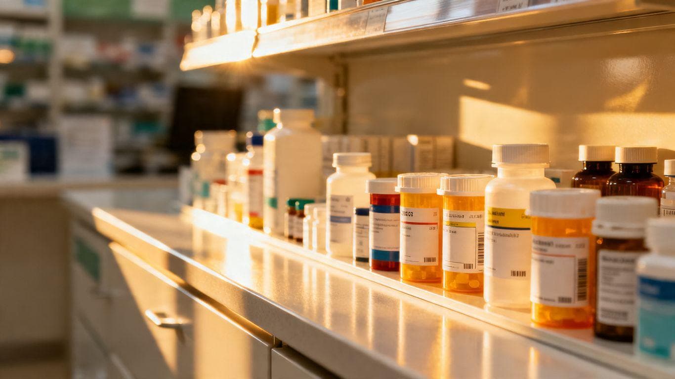Pharmacy counter with weight loss drug bottles.