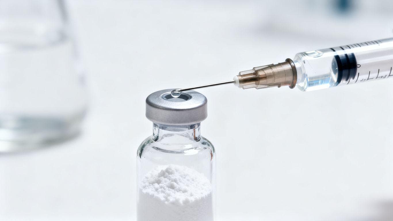 Peptide reconstitution process with syringe and vial.