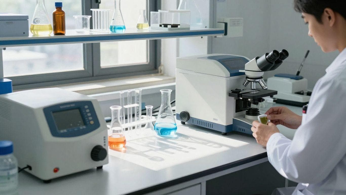 Laboratory equipment and a scientist in a bright lab.
