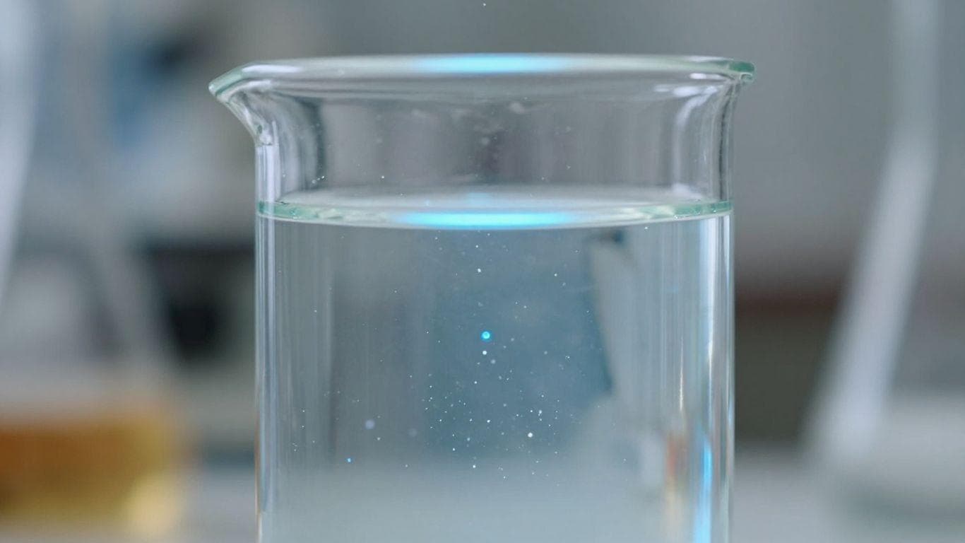 Laboratory beaker with glowing liquid and particles.