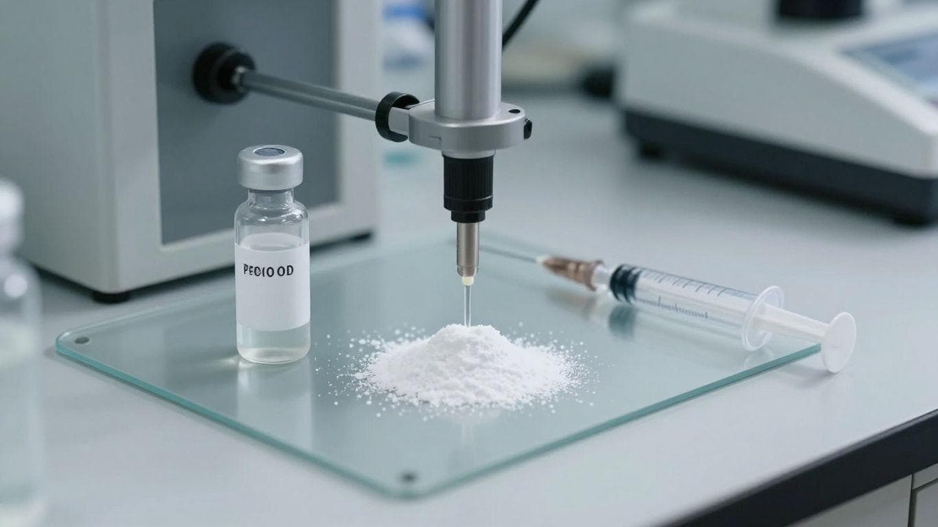 Peptide reconstitution vial and syringe on lab bench.