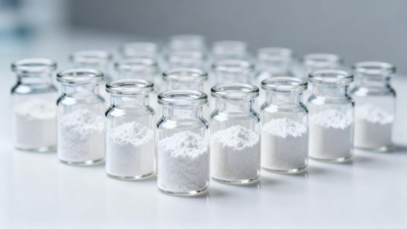 Vials of white powder for peptide research.