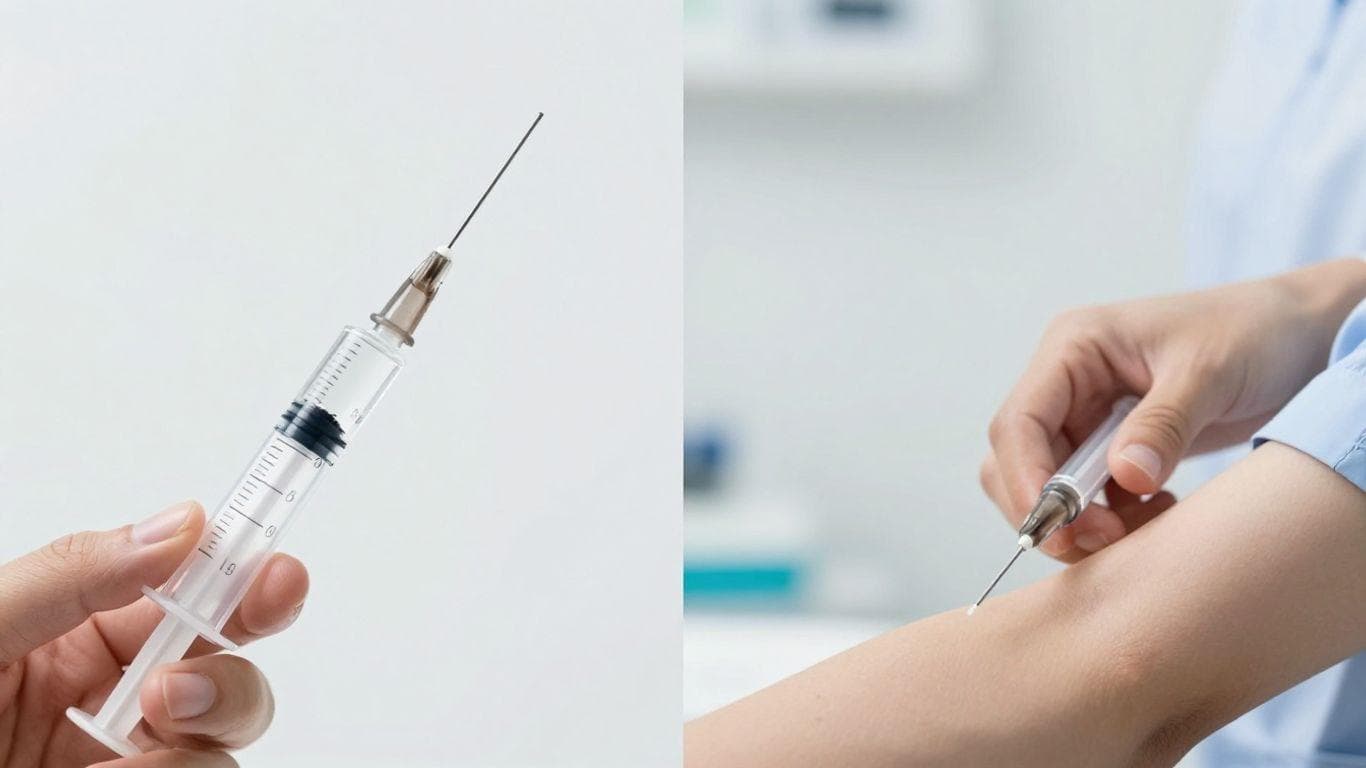 Oral syringe and injection needle side-by-side.