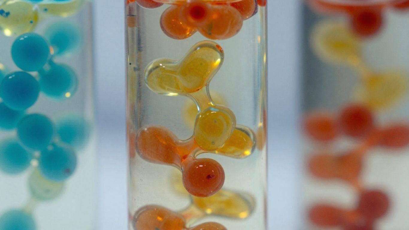 Abstract swirling liquid peptides in vibrant colors.