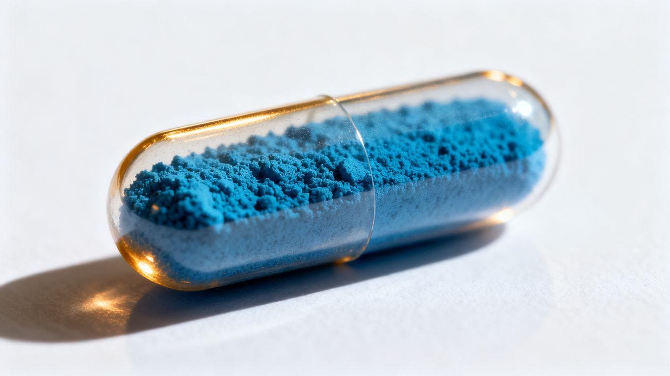 Blue powder in a capsule for GHK-Cu supplement.