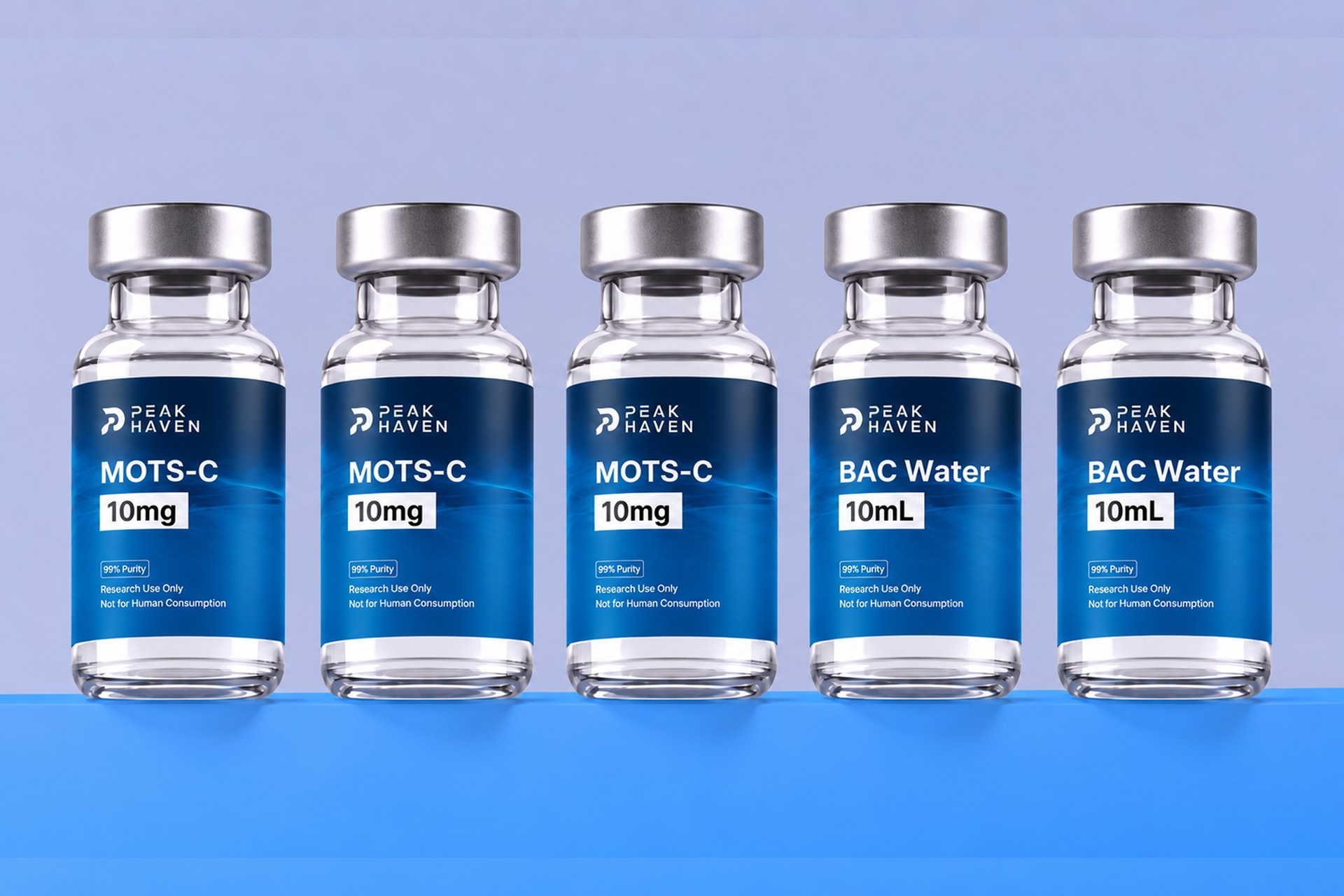 The 90-Day Metabolic Reserve: three MOTS-c 10mg vials and two BAC water 10mL vials.