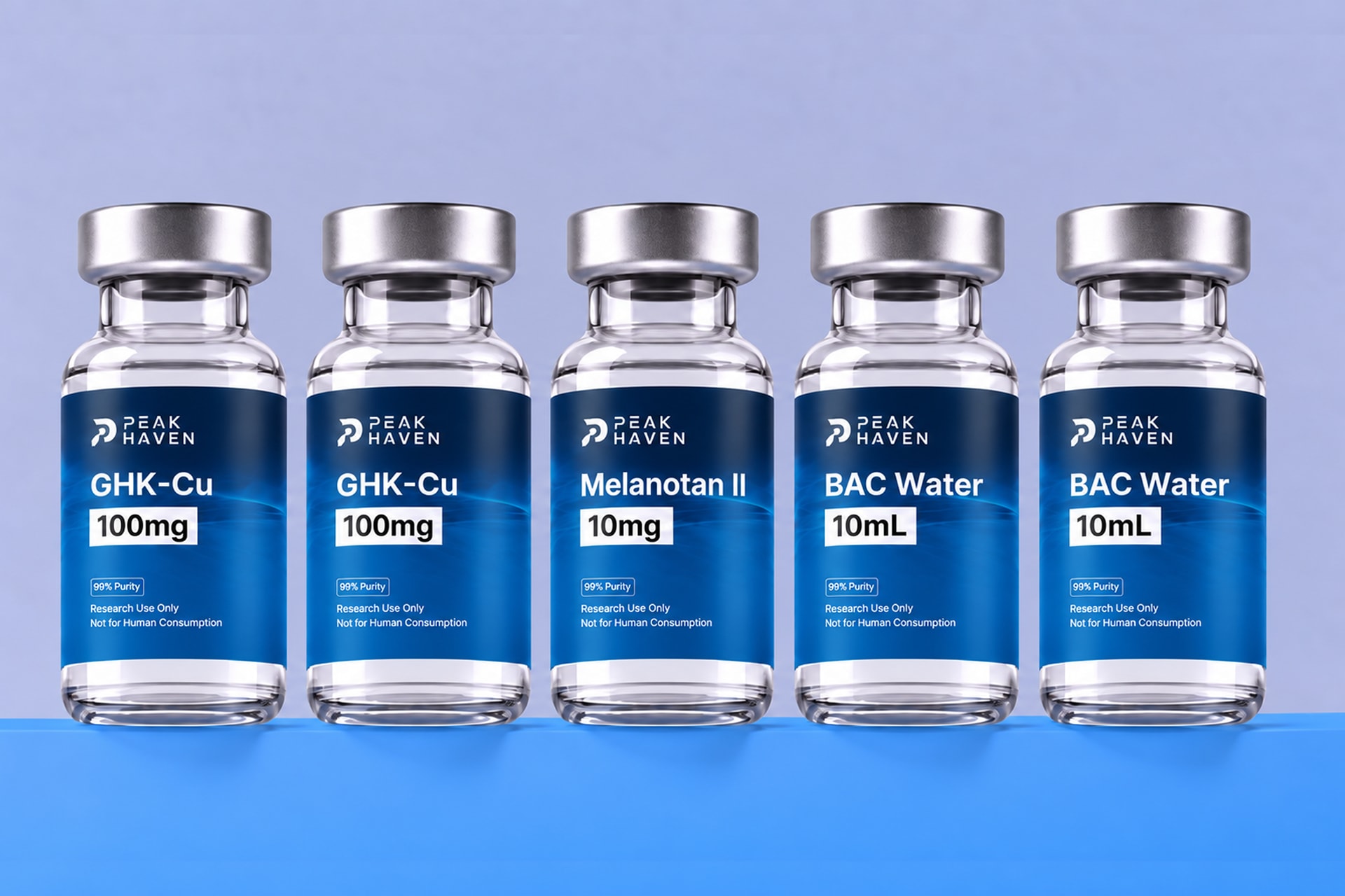 The Skin Duo: two GHK-Cu 100mg vials, one Melanotan II 10mg vial and two BAC water 10mL vials.